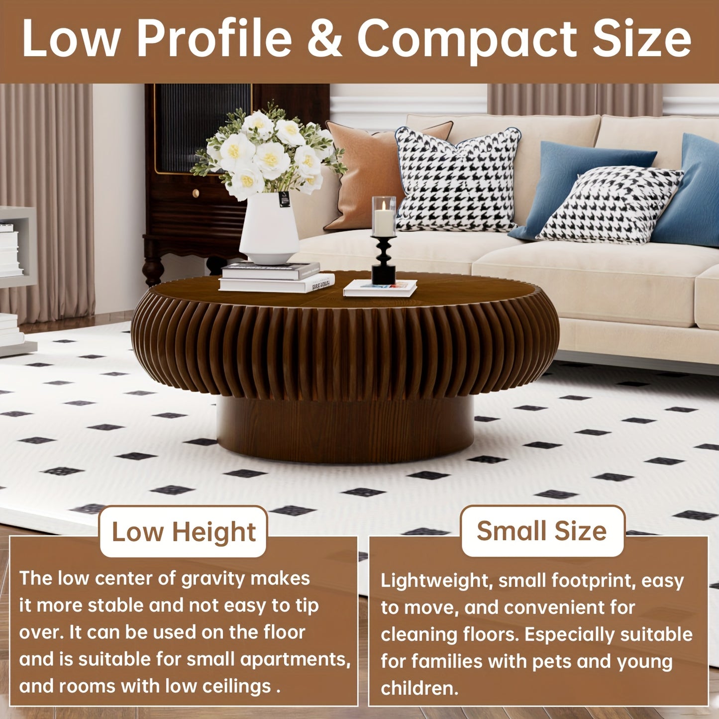 Brown Fluted Drum Coffee Table – Round Pedestal Center Table