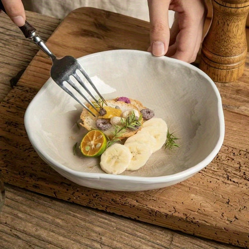 Irregular Wide-Rim Ceramic Bowl (7.5") – Glossy White Serving Dish (1 Piece)