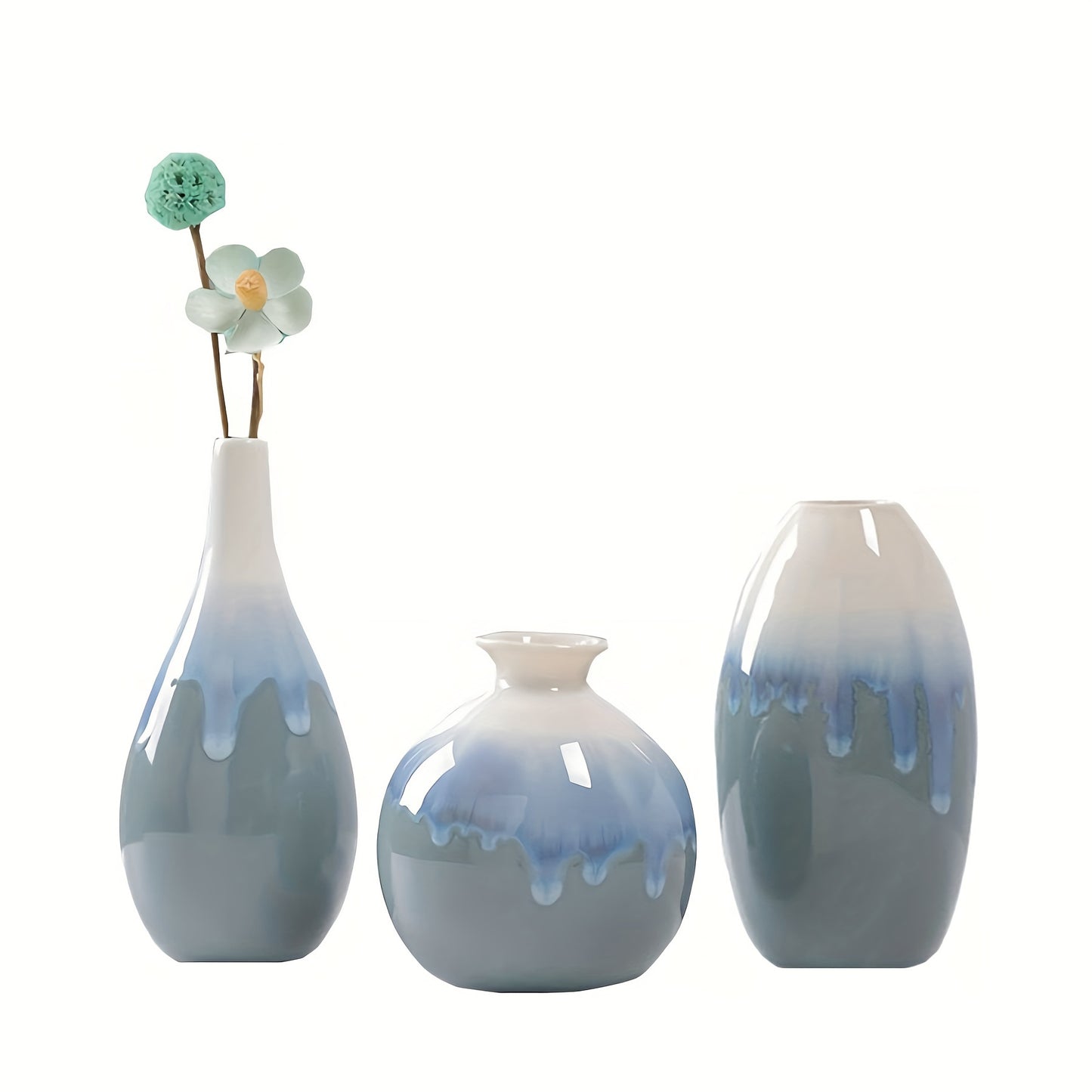 Set of 3 Ceramic Vases - Modern Boho Minimalist Decor for Living Room, Shelf, Table, Bookshelf, Mantel, and Entryway - Ink Painting Pattern