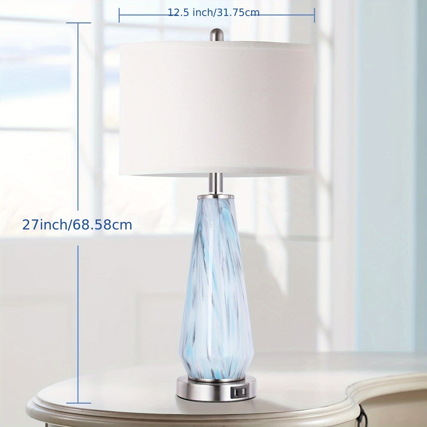 Modern Table Lamp Set of 2 Touch Control, 27" Tall Faded Swirl Blue Gray Art Glass Bedside Lamp with USB Ports, 3-Way Dimmable Hand Crafted Nightstand Lamps White Drum Shade for Living Room, Bedroom