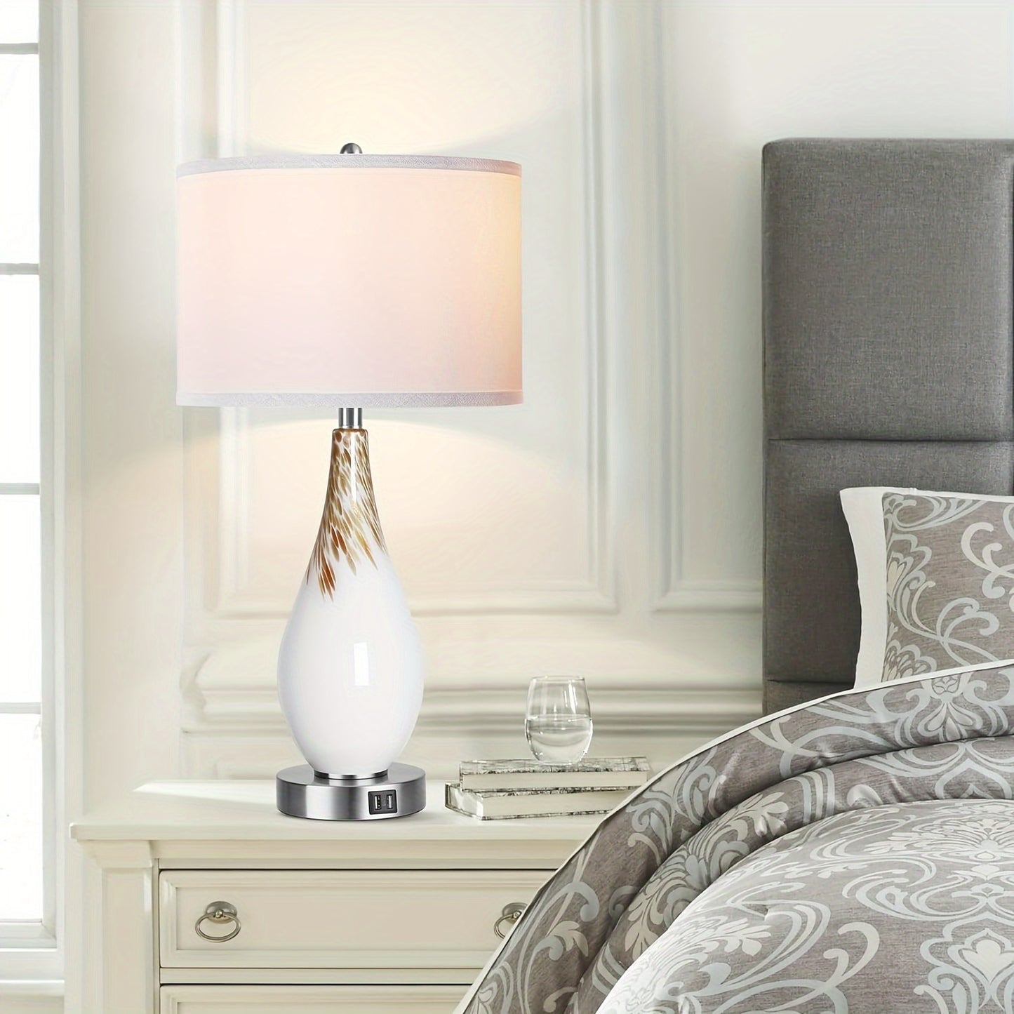 PARTPHONER Touch Control Table Lamps Set of 2, 27.5" Tall Modern Art Glass Bedside Lamp with USB Ports, 3-Way Dimmable Hand Crafted Nightstand Lamps White Drum Shade for Living Room Bedroom Home