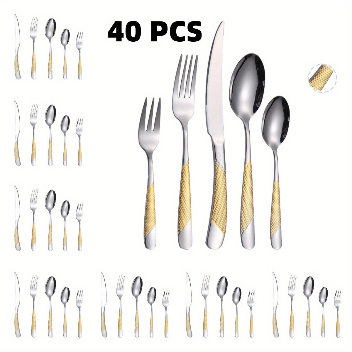Hammered Modern Golden/Silvery Silverware Set, 40pcs Cutlery Set for 8, Stainless Steel Flatware Set for Home, Kitchen, Restaurant and Hotel, Mirror Polished Silverware Set, Dishwasher Safe