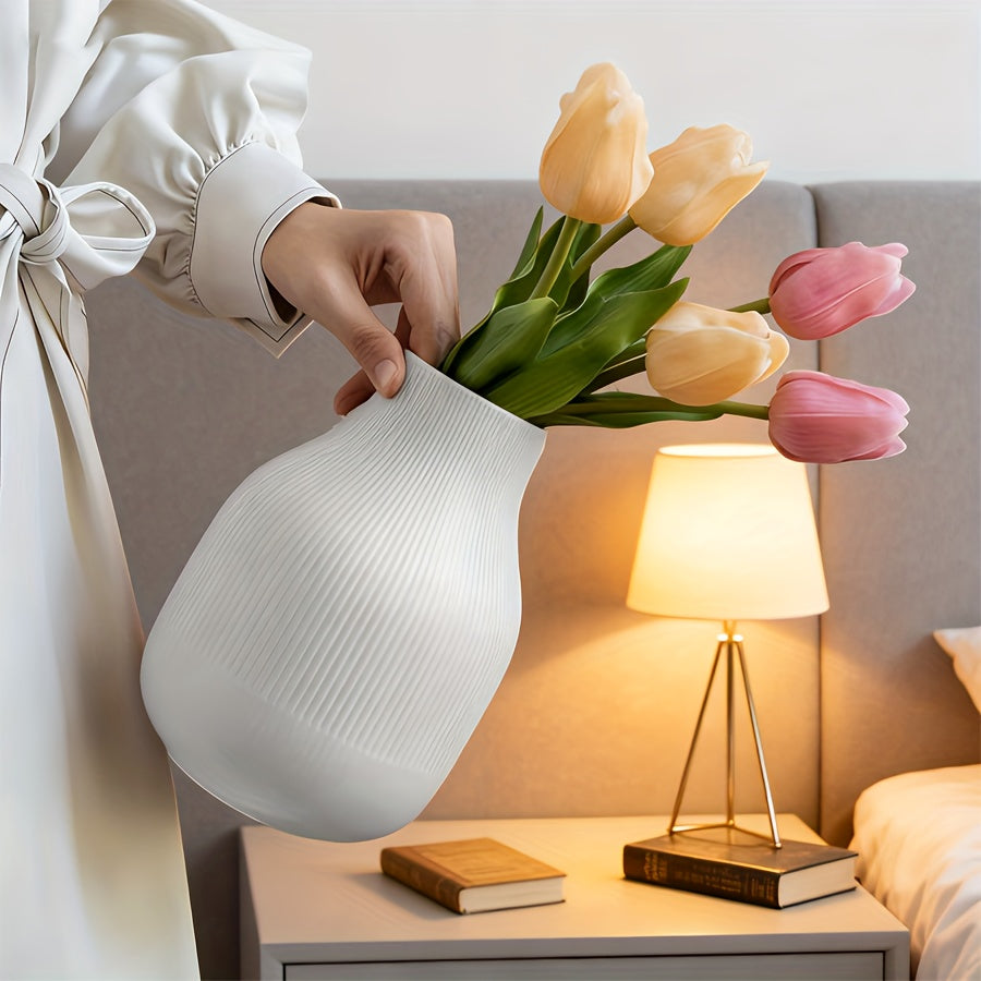 [Elegant Design Vase] White Modern Vase 1pc - Textured Body & Smooth Base, Minimalist Round Flower Vase for Fresh/Dried Flowers, Durable Plastic Home Decor for Living Room, Dining Table, Bedroom, Office, Wedding Gift & Holida