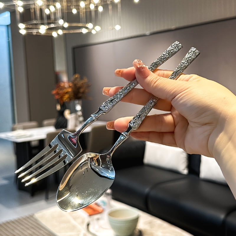 4/16/24pcs Stainless Steel Flatware Set with Vertical Pattern Handles, High-Quality Knives, Forks, and Spoons for Weddings, Hotels, Restaurants, and Holidays