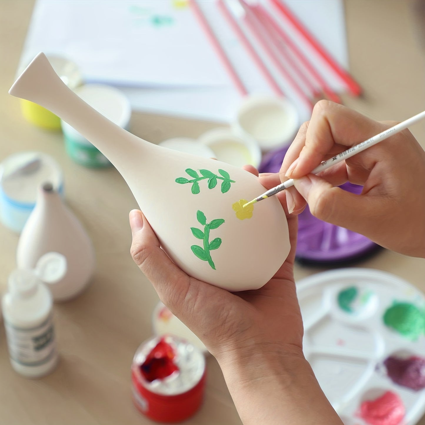 Set of 6 Small White Ceramic Vases - Modern Rustic Decor for Living Room, Office, Bookshelf, and Entryway Centerpieces