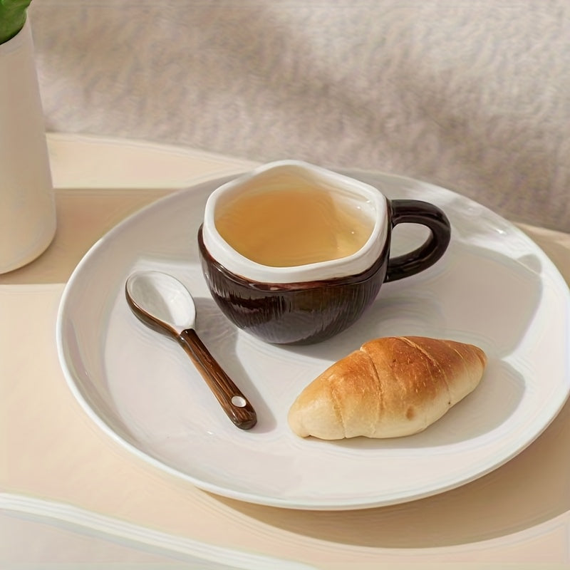 A Ceramic Coffee Mug Designed Like a Coconut Shell, Complete with a Spoon. This Novelty Tropical Mug Is Perfect for Afternoon Tea, Yogurt, And Fruit. It Is Safe for Both The Dishwasher And Microwave