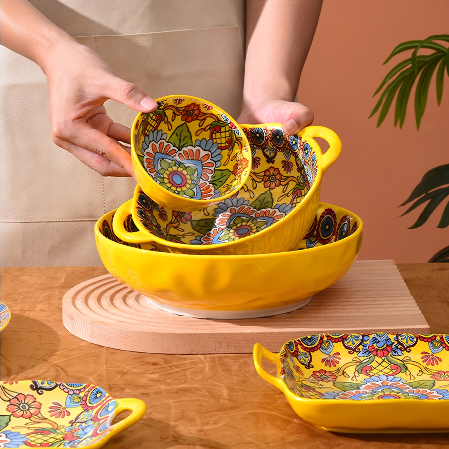Bohemian Yellow Ceramic Dinnerware Set (6 / 8 Pieces) – Microwave, Oven & Dishwasher Safe