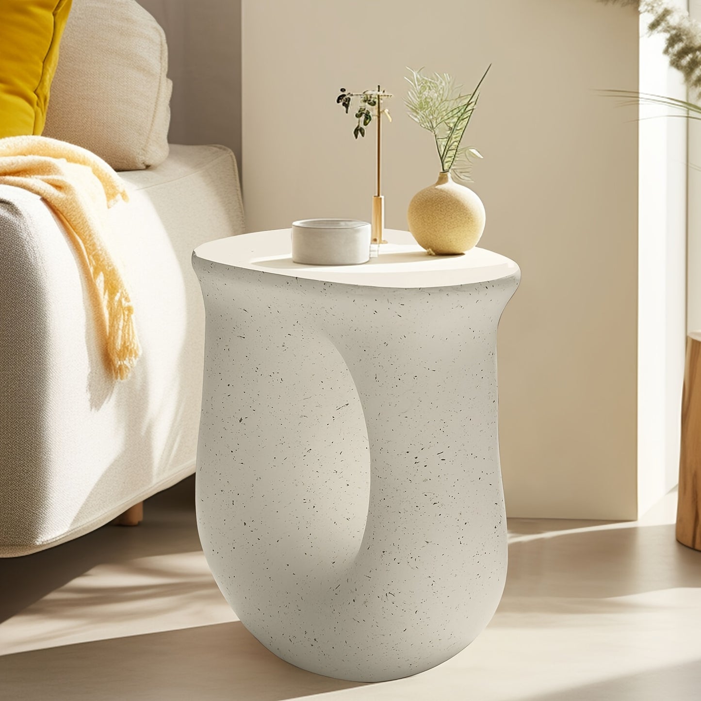 Modern Concrete Garden Stool & Side Table – Terrazzo Accent Plant Table (17.7”)