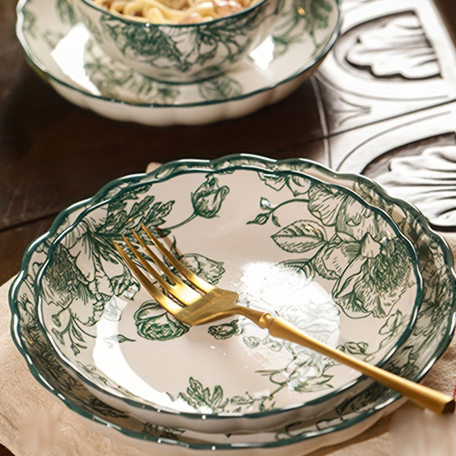 Vintage Green Rose Ceramic Dinnerware Set (6-Piece) – Plates & Bowls