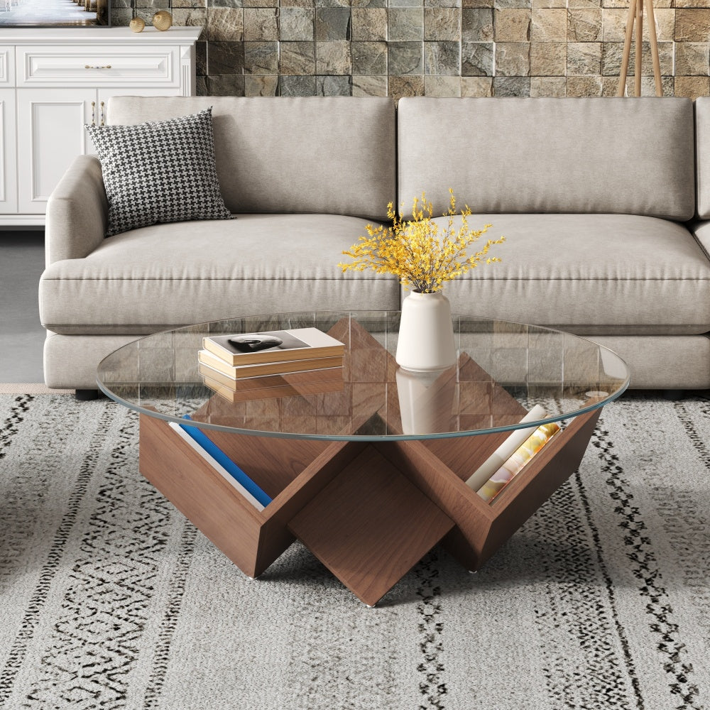 Modern Round Coffee Table with Glass Top & Walnut Base – Storage Shelf