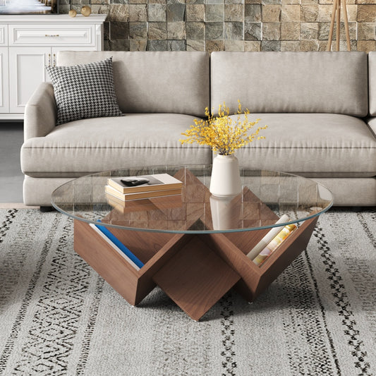 Modern Round Coffee Table with Glass Top & Walnut Base – Storage Shelf