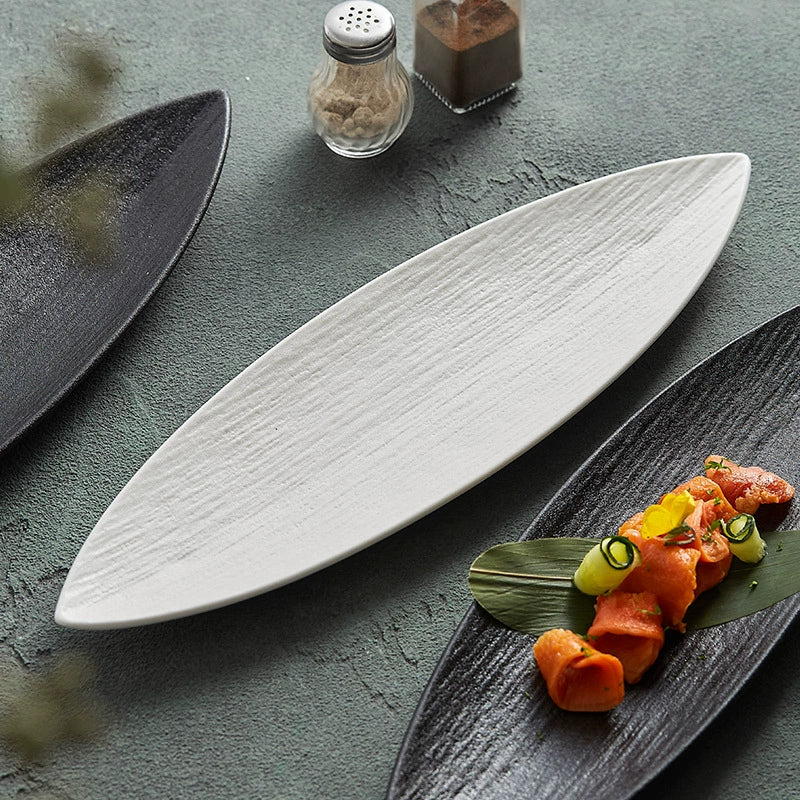 Leaf-Shaped Textured Ceramic Plate Long Dish Sushi Appetizers Desserts.