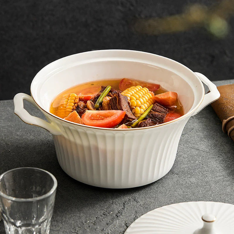 Luxury Bone China Gold-Rimmed Soup Casserole with Lid