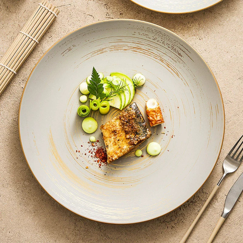 Matte Glazed Ceramic Dinner Plates with Gold Trim - 10" & 12" Sizes Available-4