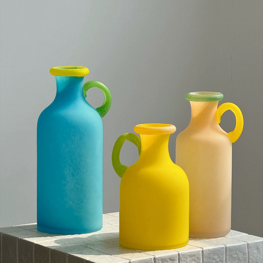 Frosted Glass Vase with Handle - Colorful Decor Bottle Style