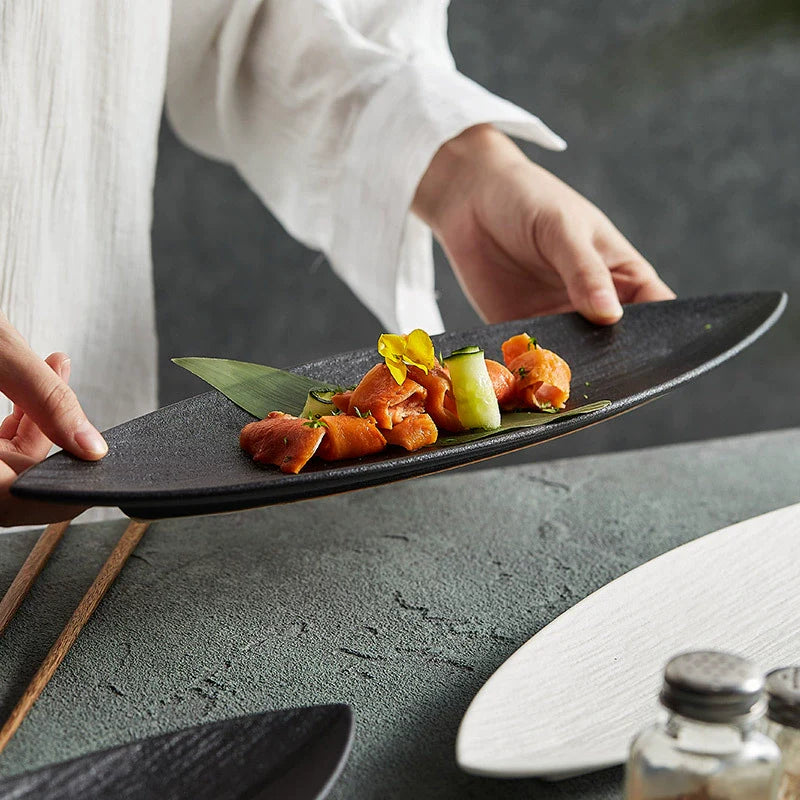 Leaf-Shaped Textured Ceramic Plate Long Dish Sushi Appetizers Desserts.