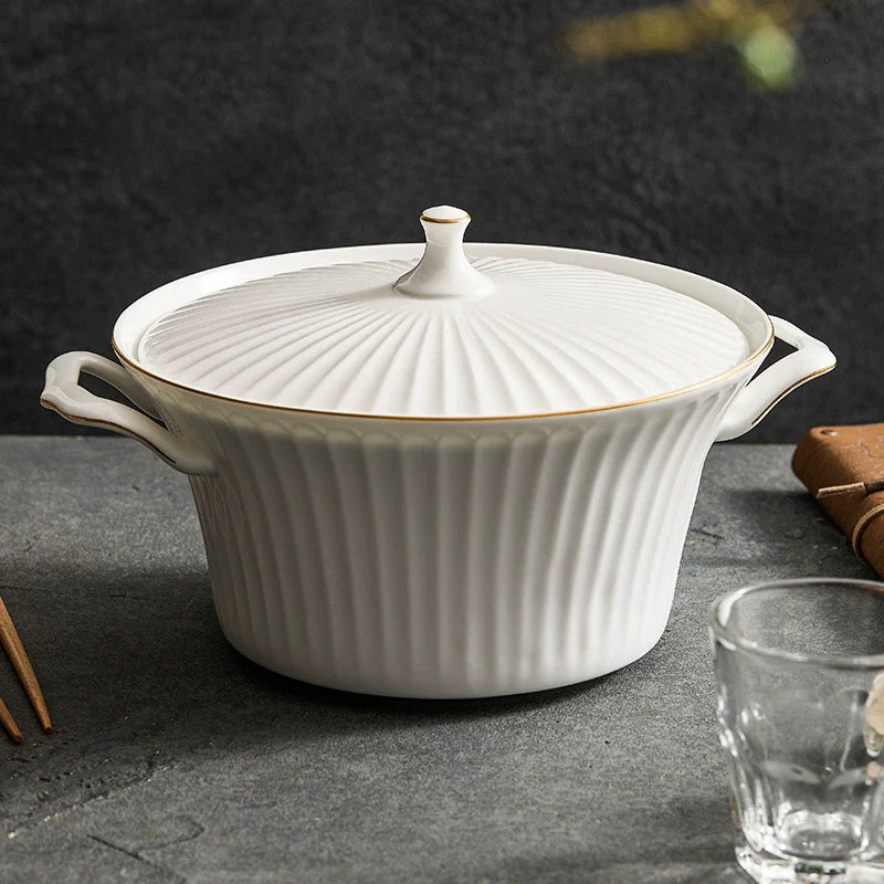 Luxury Bone China Gold-Rimmed Soup Casserole with Lid