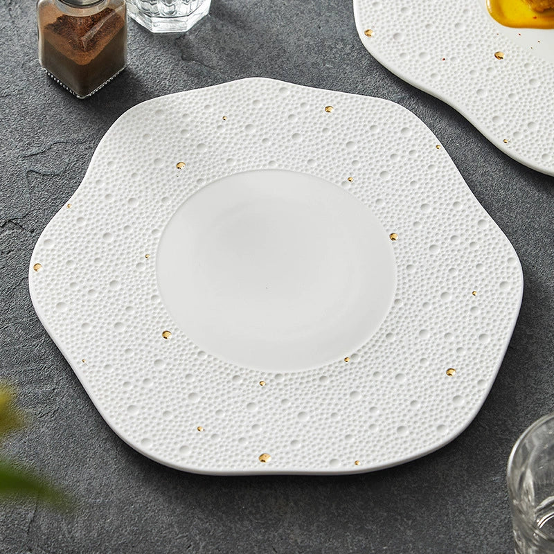 Textured White Porcelain Dinner Plate with Gold Accents