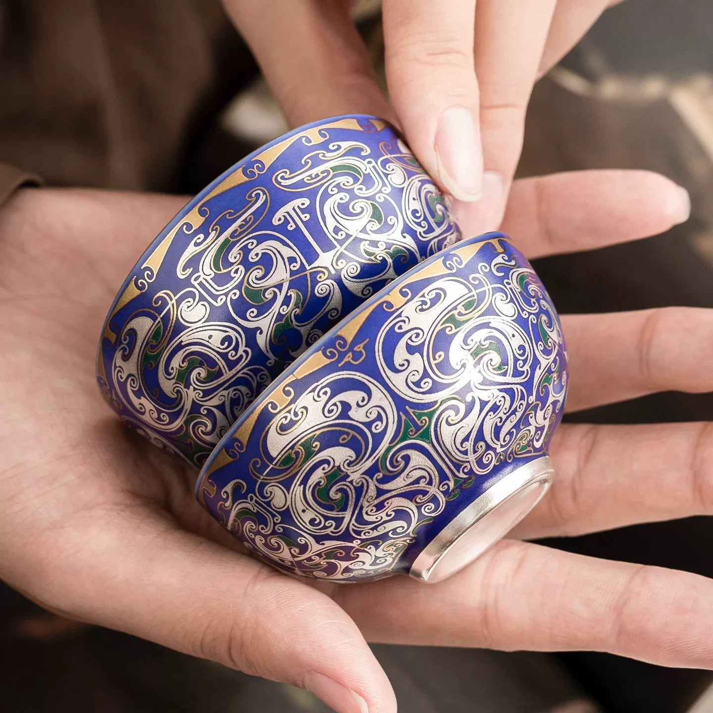 Imperial Blue Silver Filigree Handcrafted Porcelain Tea Bowl - 6.5 x 4.8 cm Gaiwan