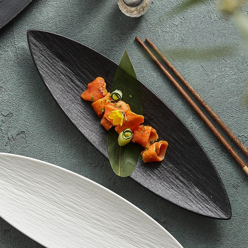 Leaf-Shaped Textured Ceramic Plate Long Dish Sushi Appetizers Desserts.