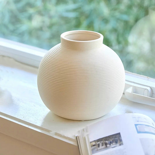 Minimalist Matte White Ceramic Vase - Handcrafted Textured Ribbed Design