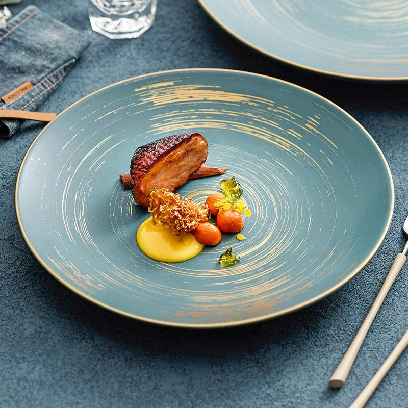 Matte Glazed Ceramic Dinner Plates with Gold Trim - 10" & 12" Sizes Available-1