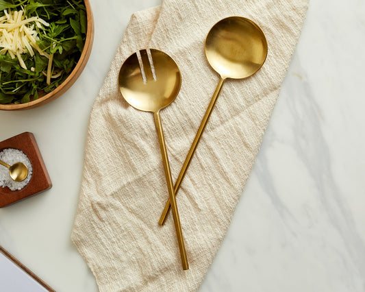 Reine Matte Gold Stainless Steel Salad Server Set - Handcrafted in India, Unique Design.