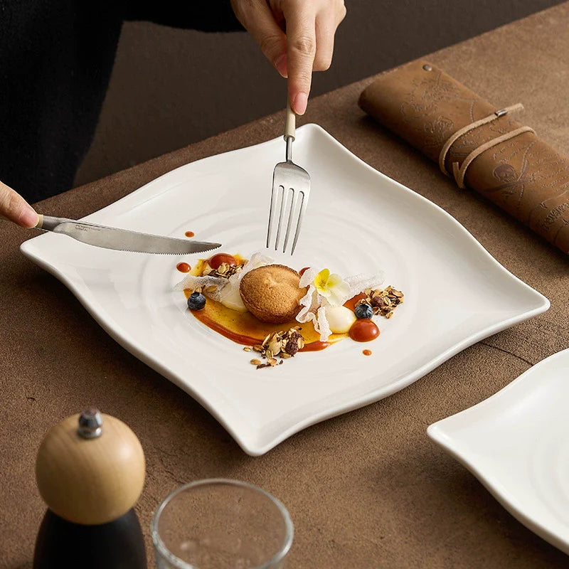Modern Concentric Ripple Square Plates Minimalist Ceramic Dinnerware Set-0