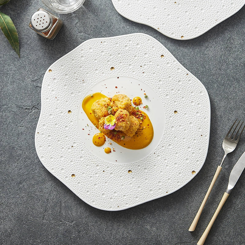 Textured White Porcelain Dinner Plate with Gold Accents