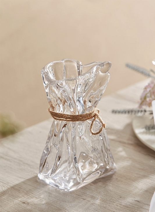 Wrinkled Glass Vase with Twine in Holographic Frosted Clear Finish