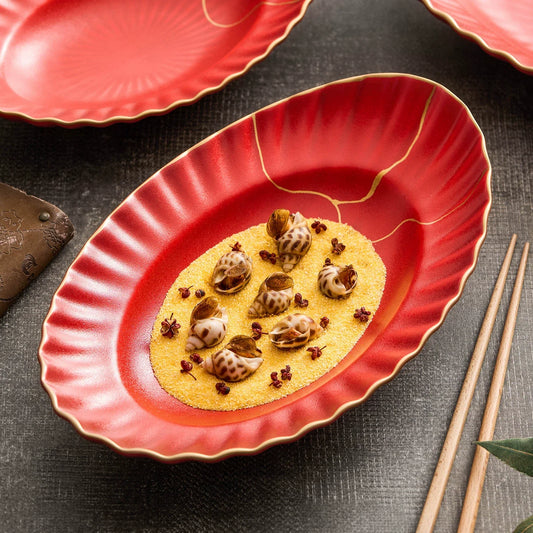 Red Vermilion Glazed Porcelain Serving Plate Ovals Plates Cold Dishes Series