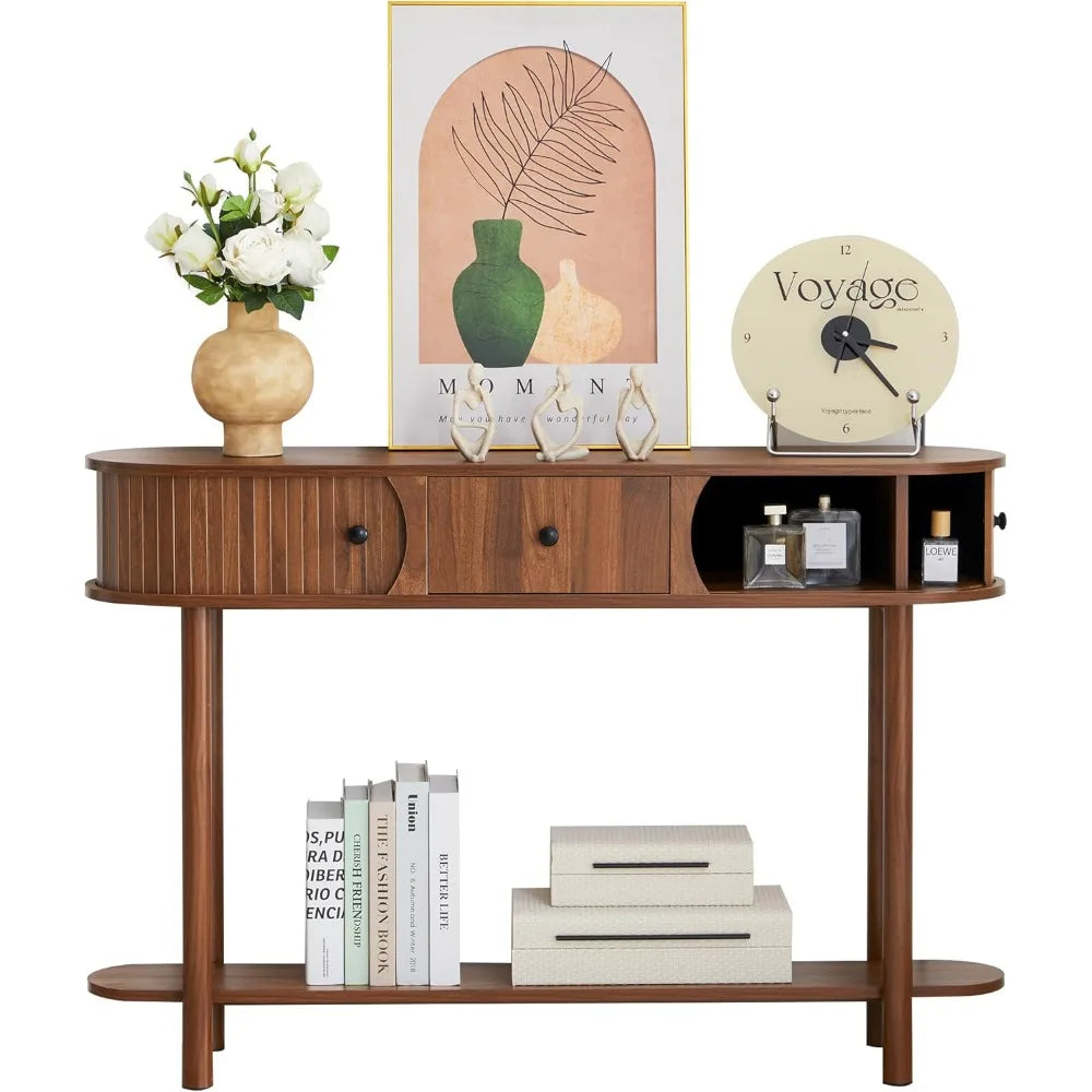 Fluted Console Table with Drawers – Walnut Entryway Table with Sliding Tambour Door & Storage Shelf
