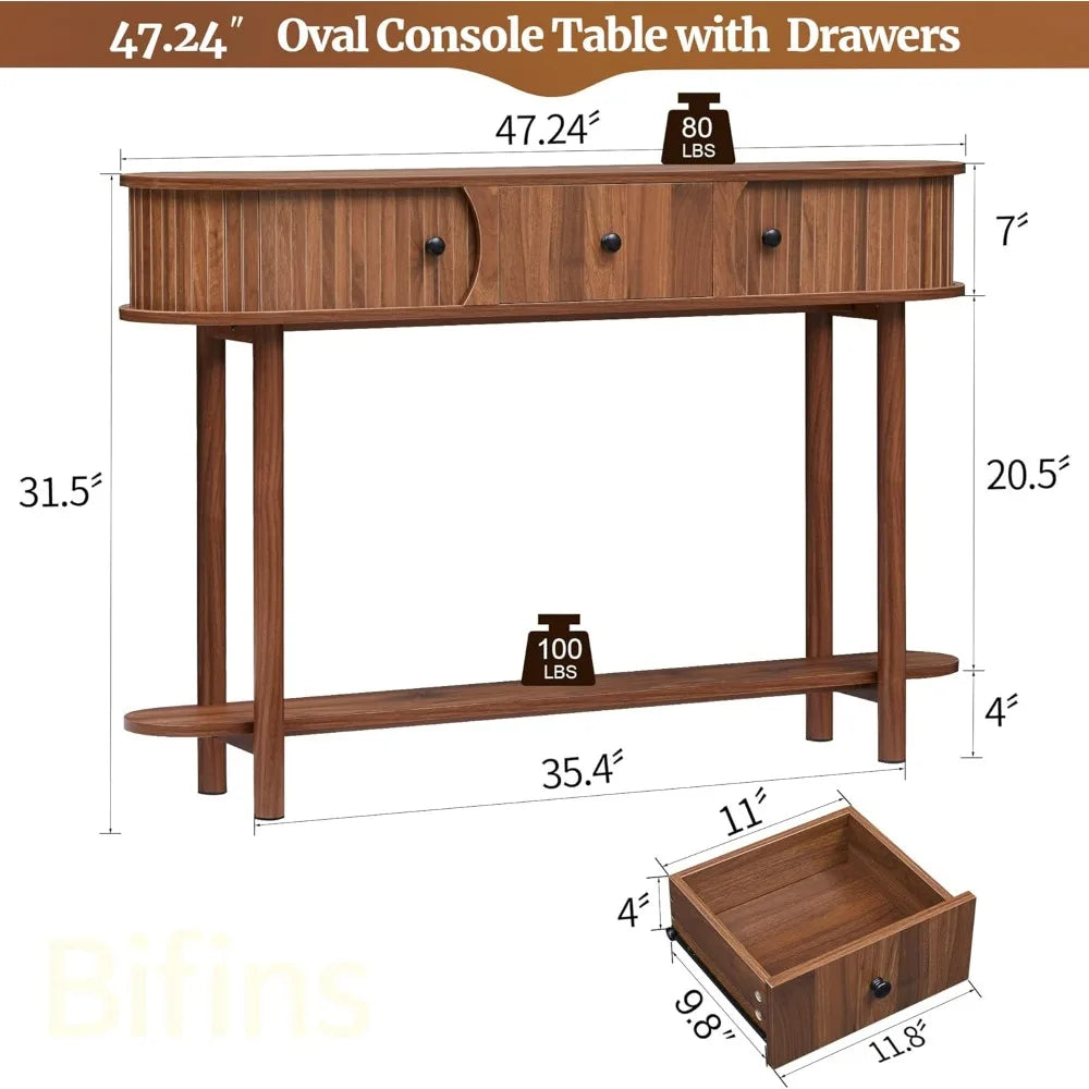 Fluted Console Table with Drawers – Walnut Entryway Table with Sliding Tambour Door & Storage Shelf