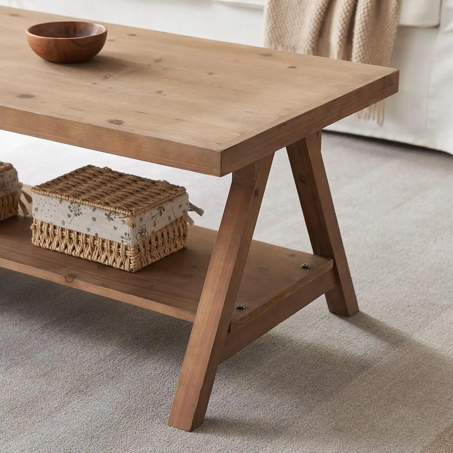 Rustic Farmhouse Coffee Table with Storage Shelf