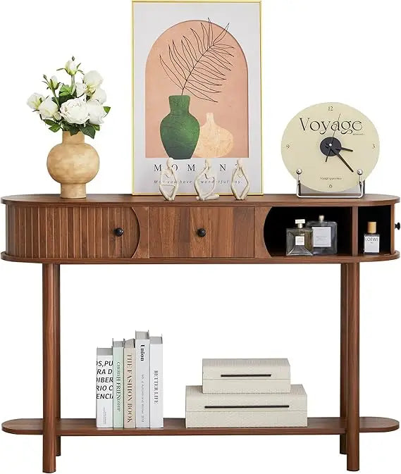 Fluted Console Table with Drawers – Walnut Entryway Table with Sliding Tambour Door & Storage Shelf