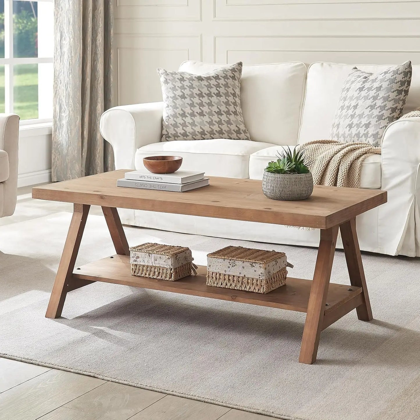 Rustic Farmhouse Coffee Table with Storage Shelf