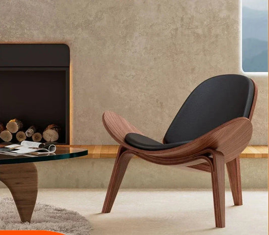 Mid Century Lounge Chair Replica Shell Tripod Wood Black PU Leather.-0