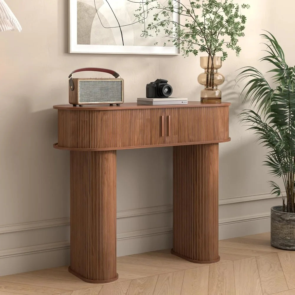 Round Fluted Console Table – Walnut Mid-Century Modern Entryway Table for Hallway & Living Room