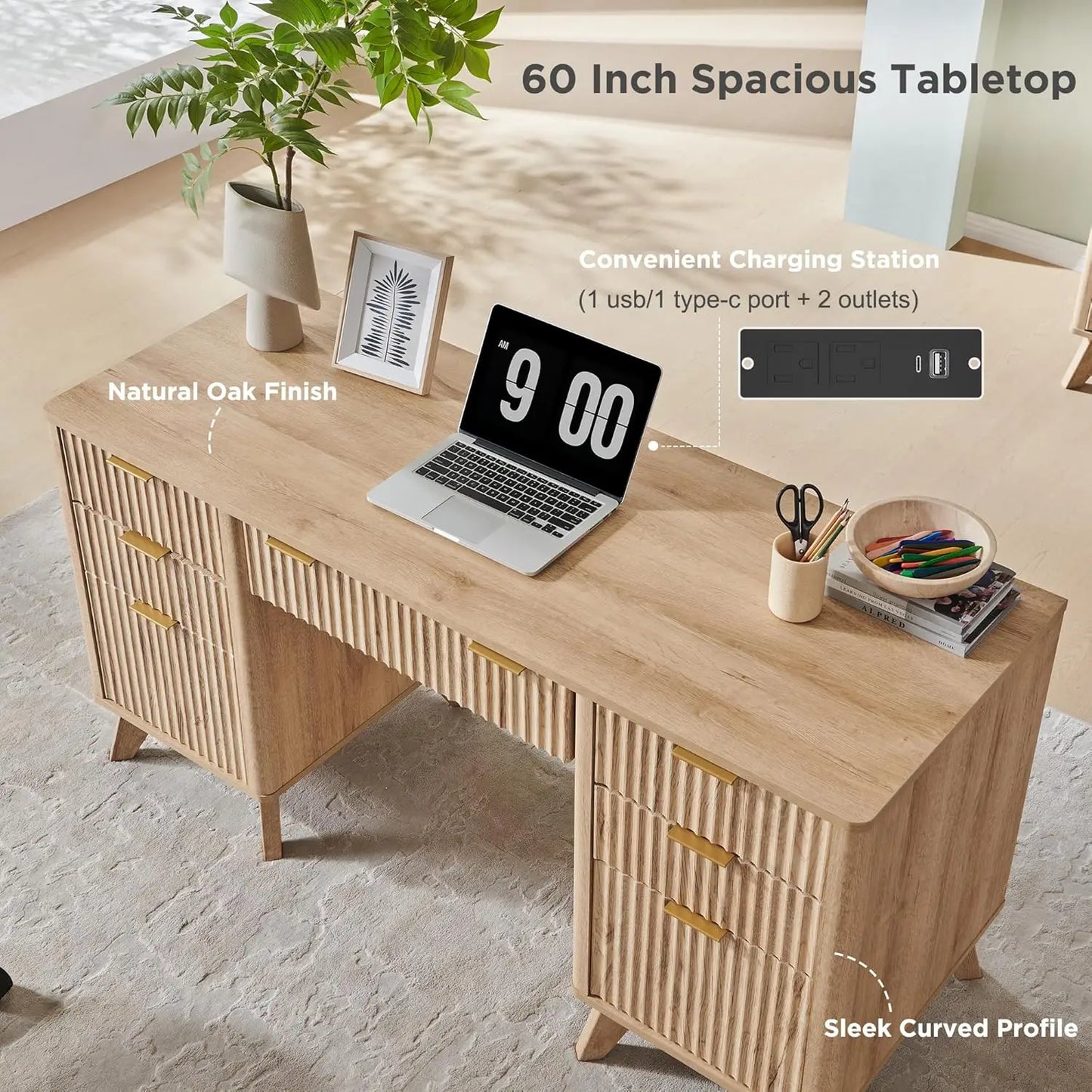 60” Fluted Executive Desk with Drawers – Walnut Modern Office Desk with Charging Station & File Cabinet