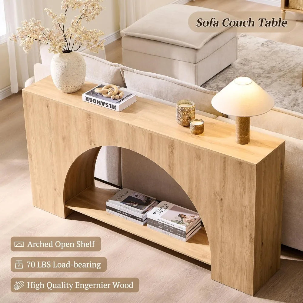 Arched Console Table with Open Shelf – Modern Entryway Table for Hallway & Living Room (Natural Wood Finish)