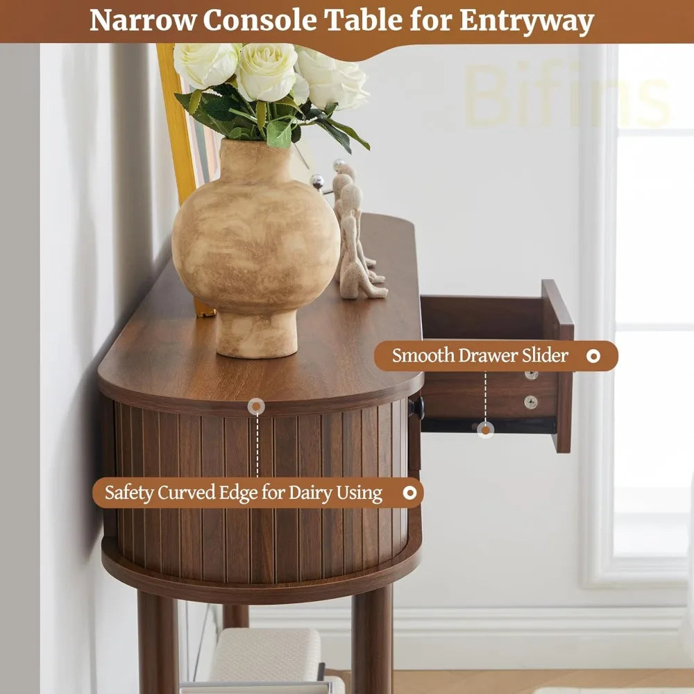 Fluted Console Table with Drawers – Walnut Entryway Table with Sliding Tambour Door & Storage Shelf
