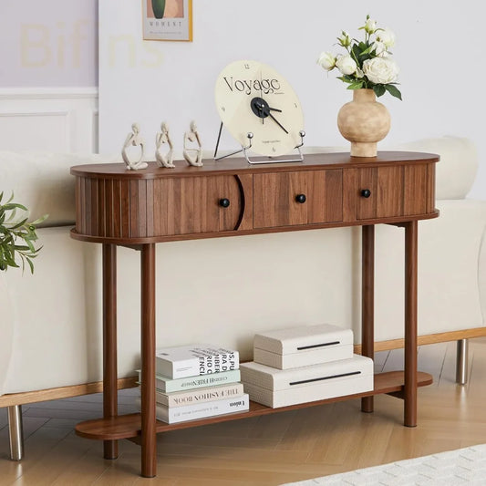 Fluted Console Table with Drawers – Walnut Entryway Table with Sliding Tambour Door & Storage Shelf