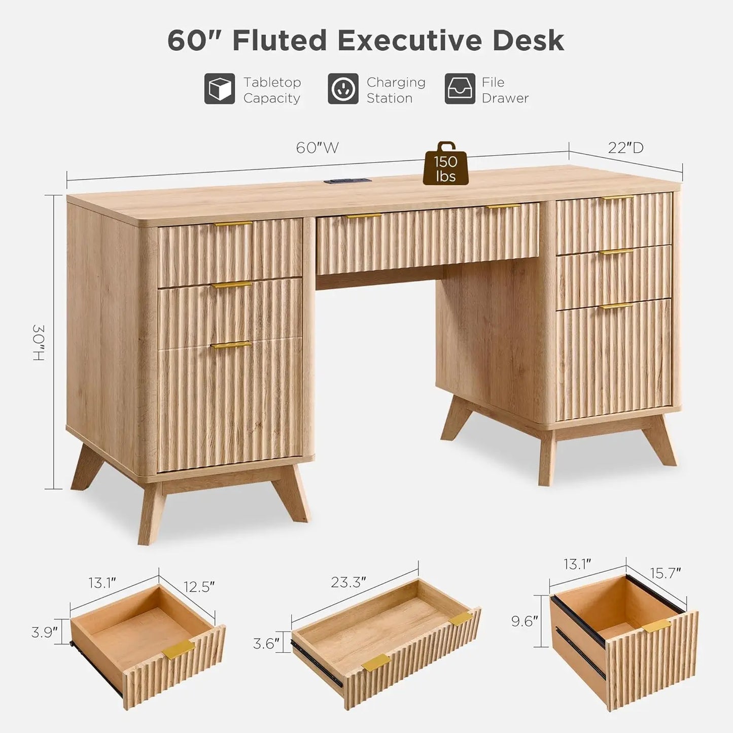 60” Fluted Executive Desk with Drawers – Walnut Modern Office Desk with Charging Station & File Cabinet
