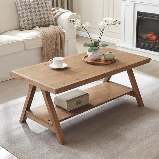 Rustic Farmhouse Coffee Table with Storage Shelf
