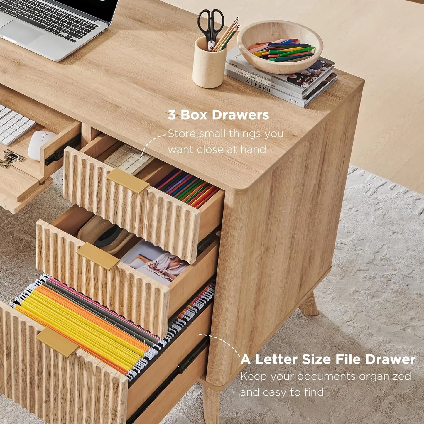 60” Fluted Executive Desk with Drawers – Walnut Modern Office Desk with Charging Station & File Cabinet