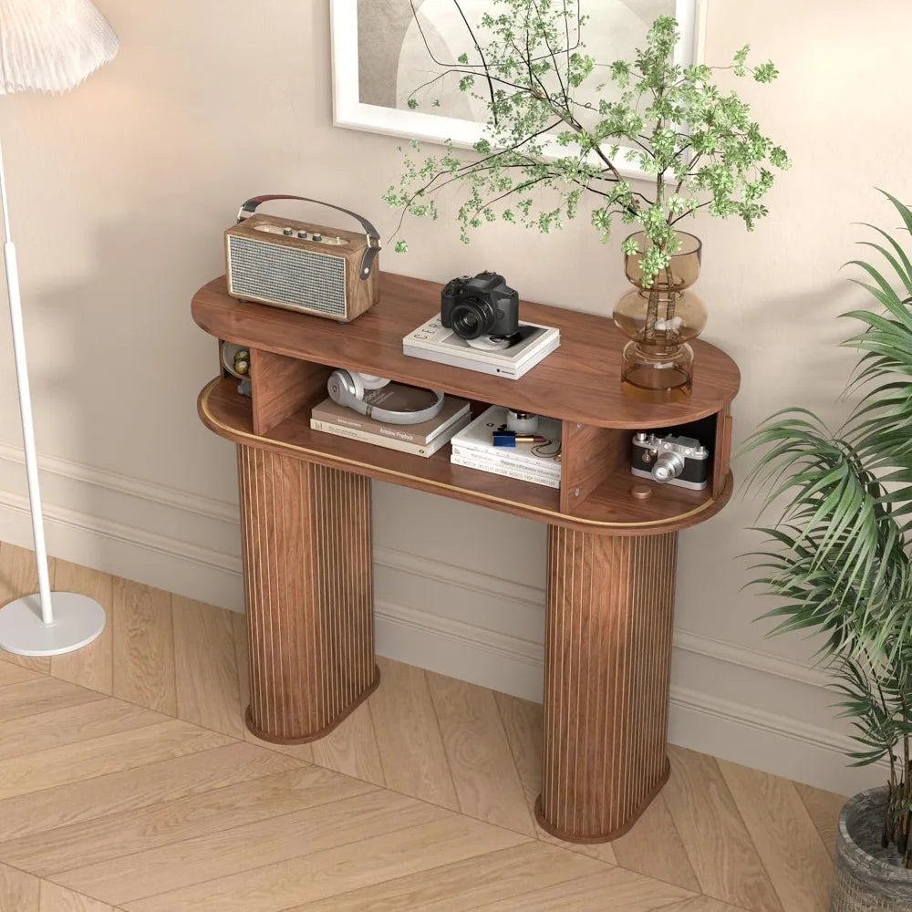 Round Fluted Console Table – Walnut Mid-Century Modern Entryway Table for Hallway & Living Room