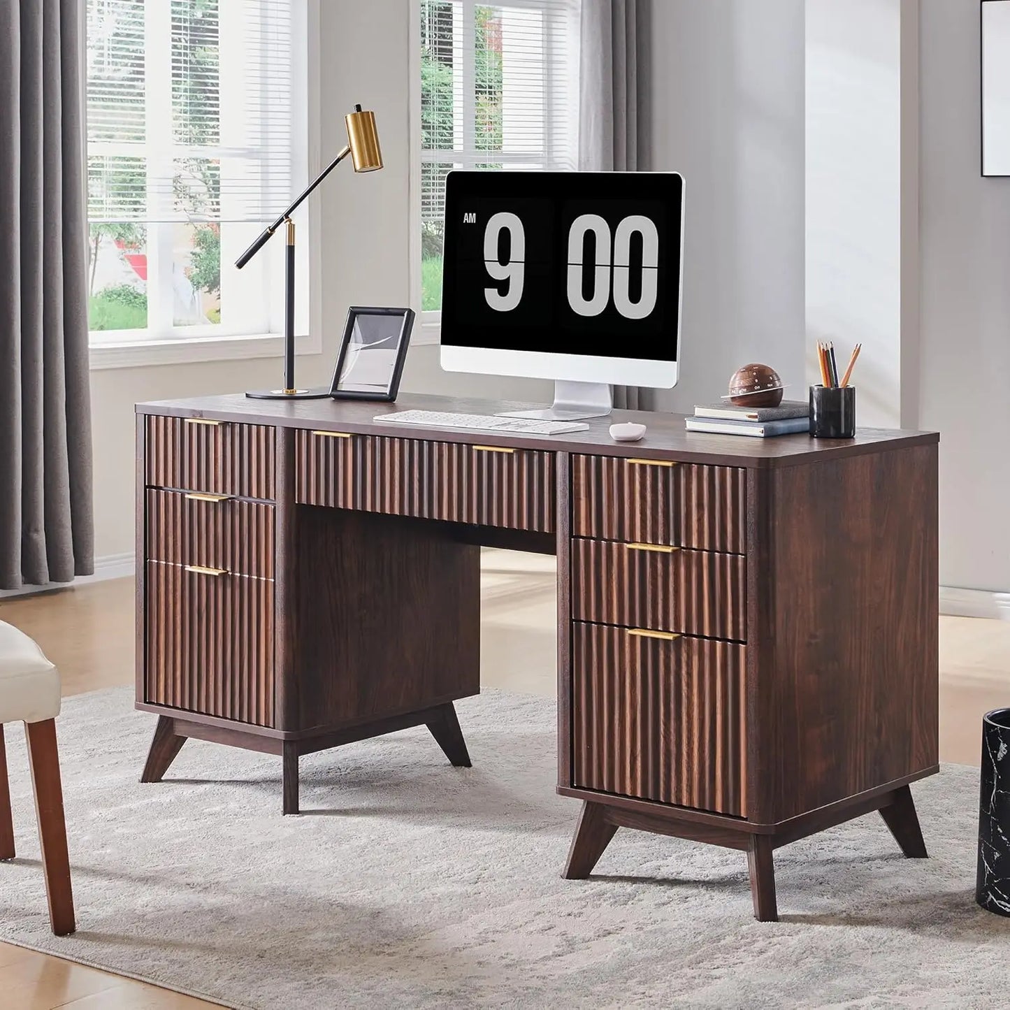60” Fluted Executive Desk with Drawers – Walnut Modern Office Desk with Charging Station & File Cabinet