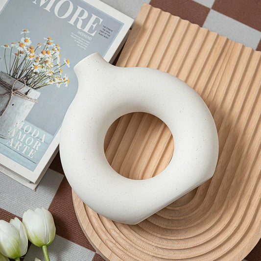 Nordic Minimalist Ceramic Vase Modern Circle Sculpture with Hollow Design