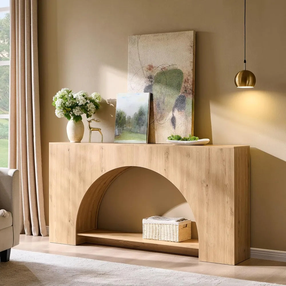 Arched Console Table with Open Shelf – Modern Entryway Table for Hallway & Living Room (Natural Wood Finish)