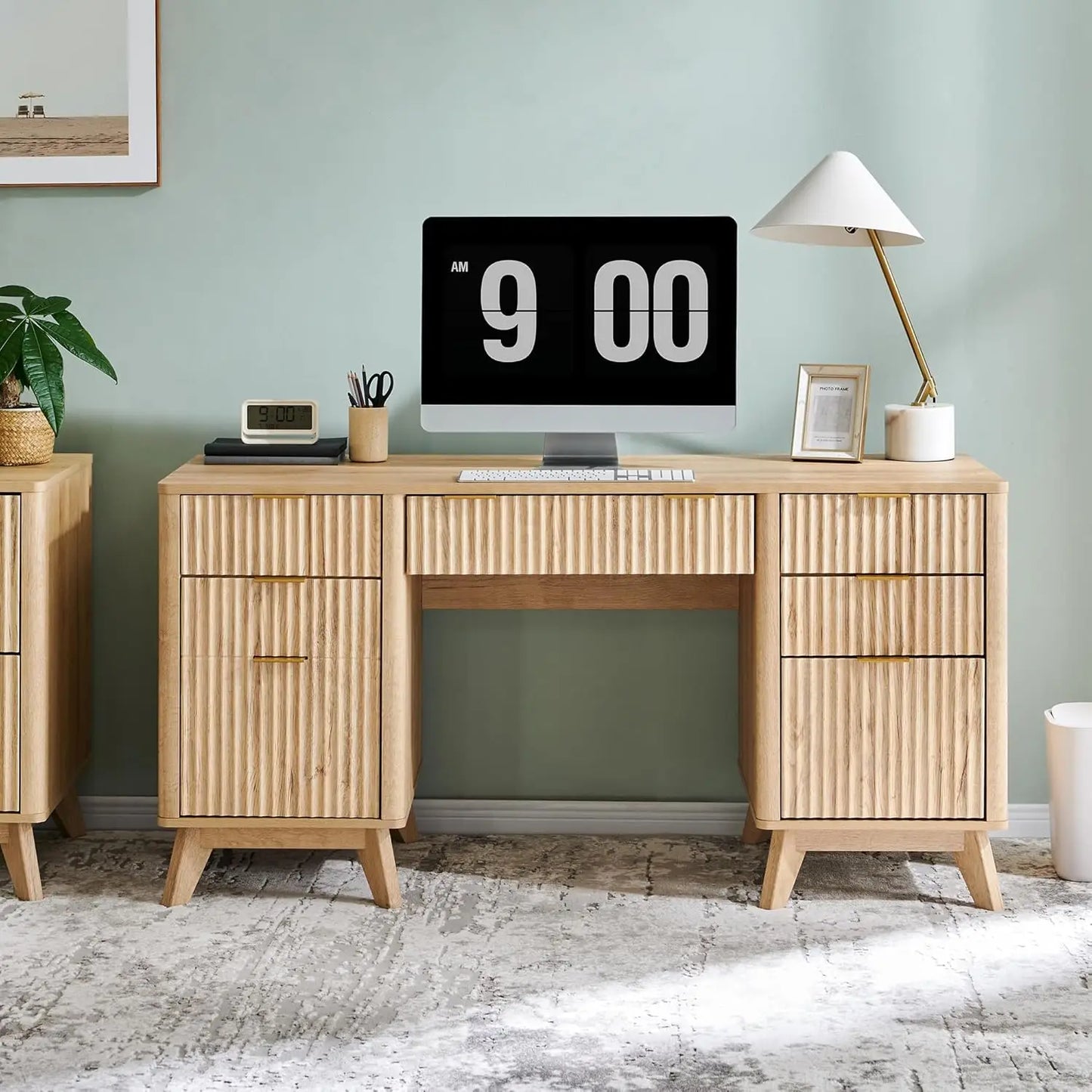 60” Fluted Executive Desk with Drawers – Walnut Modern Office Desk with Charging Station & File Cabinet